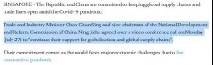 中國與新加坡肯定經(jīng)貿(mào)關(guān)系，承諾在新冠疫情期間保證貿(mào)易暢通